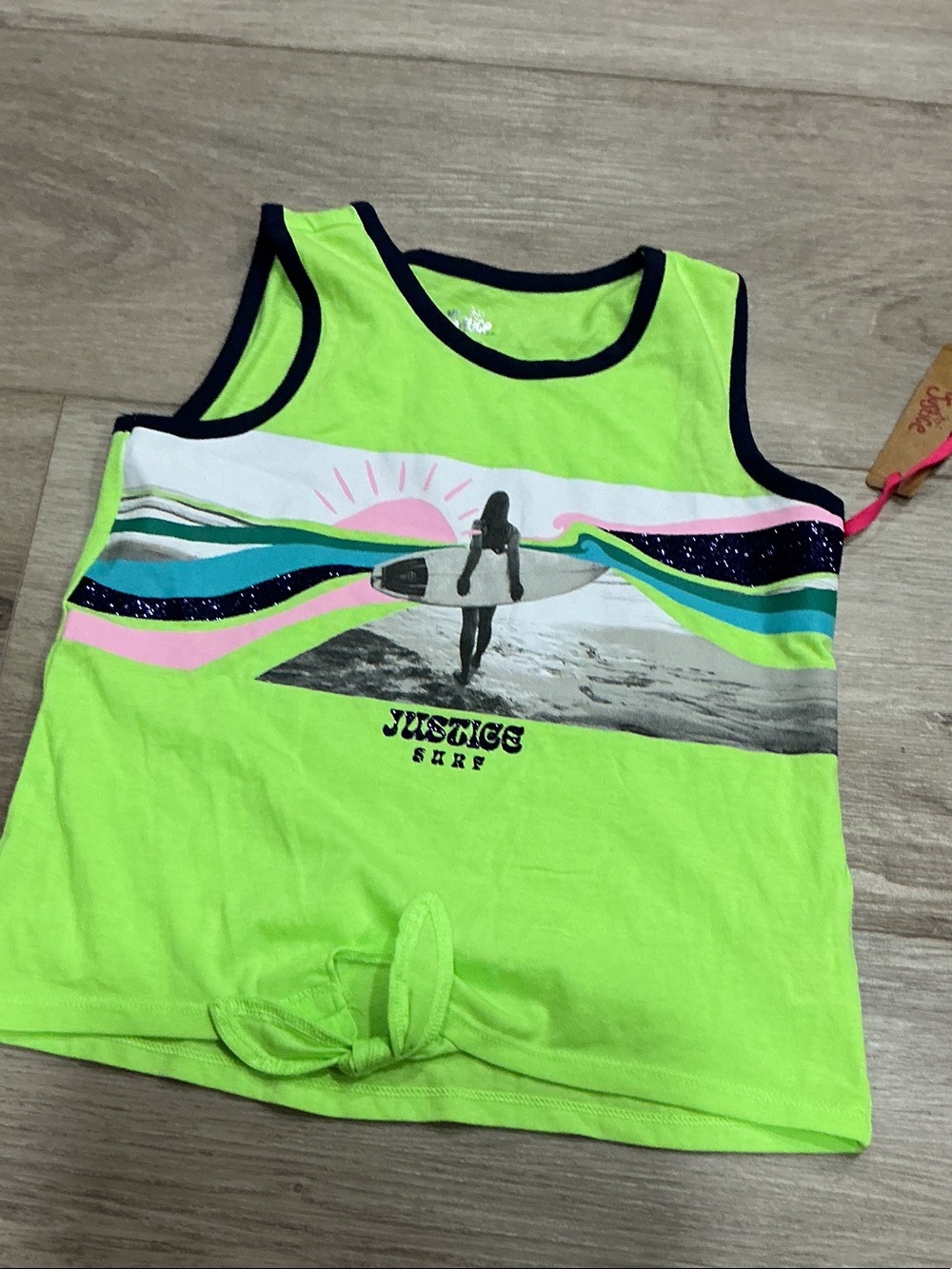 Justice Neon Lime Surf Graphic Tank Top with Navy Trim
